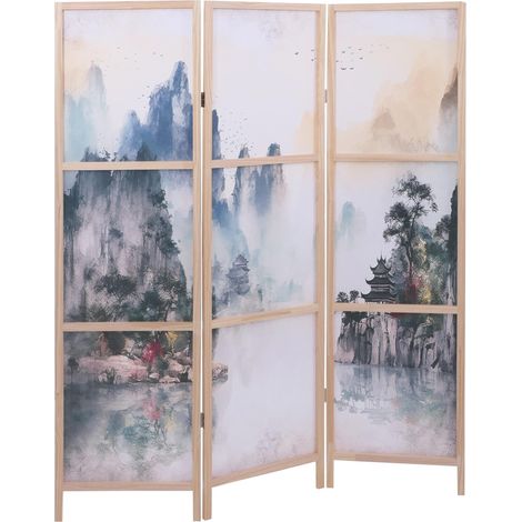 [NON UTILIZZATO] Paravento HHG-674, separè, separazione ambienti, motivi orientali, legno MVG polietilene, 170x137cm, montagne