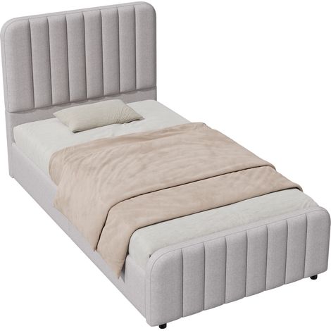 Lit coffre hydraulique 90x200 cm enfant ado rembourré effet lin gris avec tête de lit rembourrée, grand rangement et sommier à lattes (1/5)