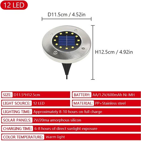 (1 lampe solaire disque extérieure à 12 LED lumière chaude, étanche IP65, pour enfouissement, cour, allée, terrasse, jardin, pelouse) (1/5)