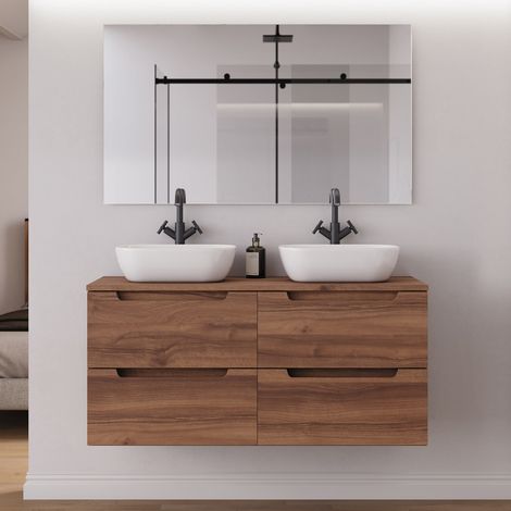 Meuble de salle de bain 120cm avec plateau et 2 vasques à poser arrondie - 4 tiroirs - noyer (bois foncé) - SONRIZA (1/5)