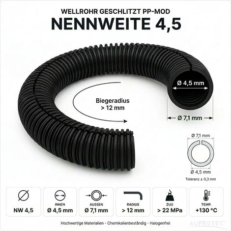 50m PP Wellrohr geschlitzt NW 4,5 Schwarz Innen-Ø 4,5 mm UV-beständig