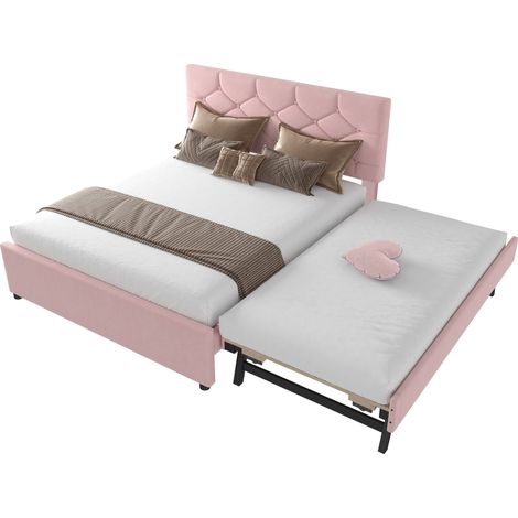 Lit capitonné velours rose 140x200 cm, lit avec lit gigogne réversible et sommier à lattes, design minimaliste moderne. (1/5)