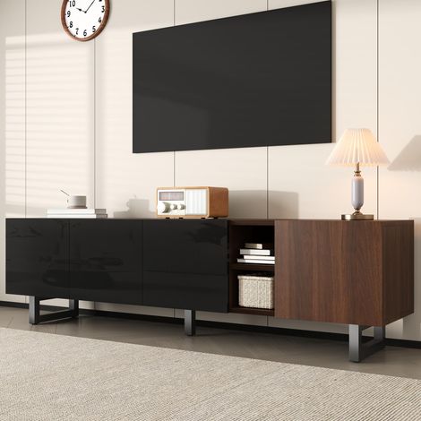 DESMIU Meuble TV 4 portes et niches de rangement sans poignée pour salon, en MDF, noir et naturel, 180 × 38 × 50 cm (1/5)