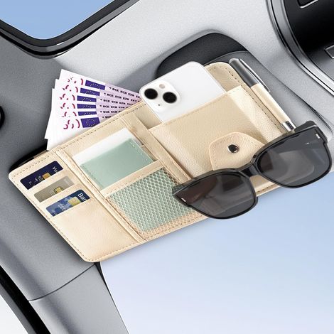 Organisateur de Pare-Soleil pour Voiture - Pochette de Rangement Polyvalente pour Lunettes de Soleil, Permis de Conduire, Stylos et Téléphone Portable, Design Compact et Résistant (1/5)