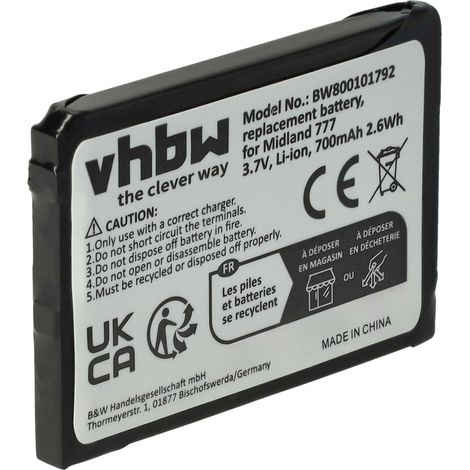 vhbw Akku kompatibel mit Alan / Midland 777, PMR446, PMR446+ Funkgerät, Walkie Talkie (700mAh 3,7V Li-Ion) - Ersatz für Alan FB-777
