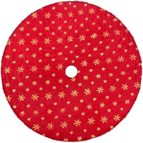 Jupe de sapin de Noël en fausse fourrure, 122 cm, tapis de sapin rouge avec flocons de neige dorés brodés pour Noël, hiver, Nouvel An, décorations d'intérieur