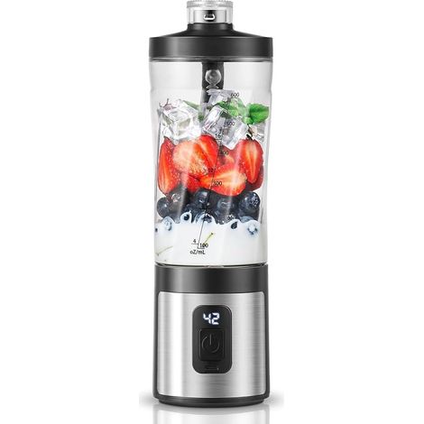 600ML Blender Portable, Affichage numérique et gobelet sans BPA, Mini Mixeur Blender avec 6 lames, 6000 mAh charge rapide USB-C 2H (15 cycles) pour shakes/smoothies/poudres protéinées - Noir (1/2)