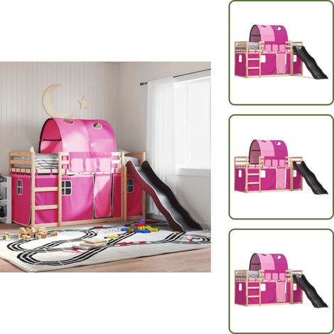 Litera para niños - vidaXL Litera con tobogán y cortinas rosa 90x190 cm - Cama con cortinas