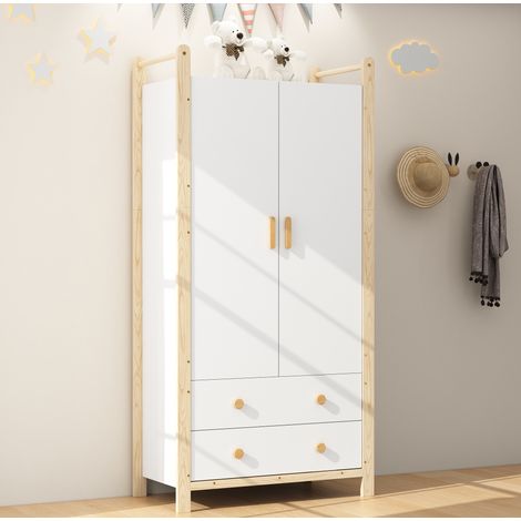 Armadio 89.6x44x180.5 cm bianco e naturale in legno massello e MDF con asta appendiabiti e 2 cassetti (1/5)