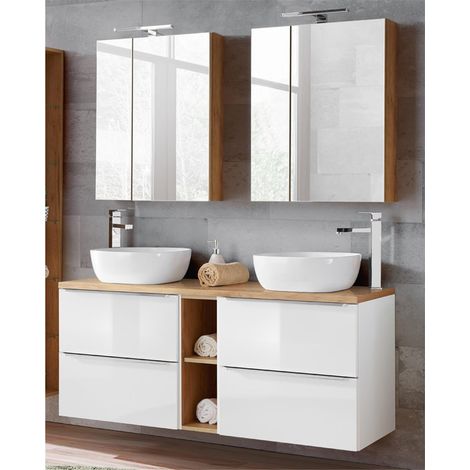 Badezimmer Set mit 2 Keramik-Aufsatzwaschbecken und 2 Spiegelschränken TOSKANA-56 Hochglanz weiß & Wotaneiche BxHxT ca. 140/190/46cm (1/5)