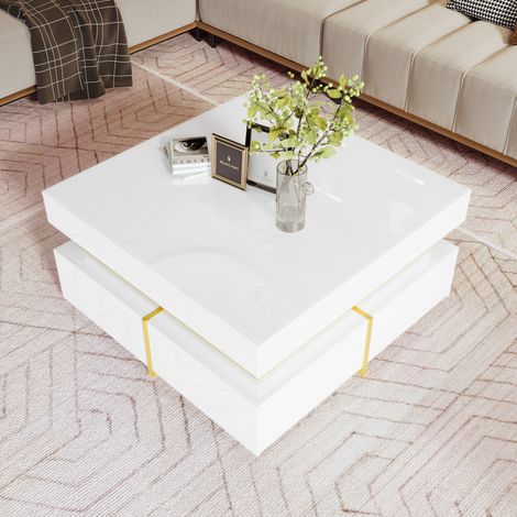 Table basse laquée brillante avec tiroirs et accents dorés