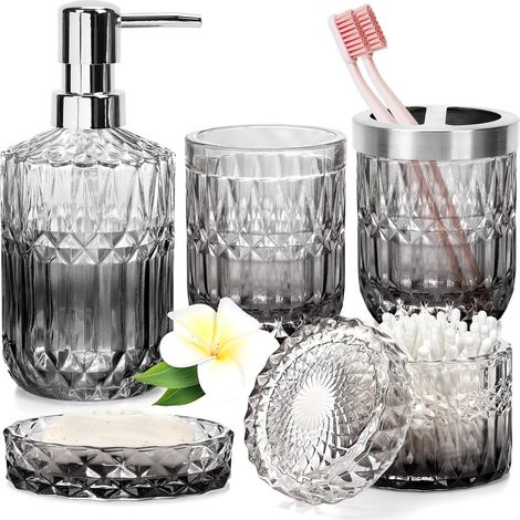 Lot de 5 Accessoires de Salle de Bain en Verre avec Distributeur de Savon, Porte-Savon, Porte-Brosse à Dents, bidon de Coton-Tige, gobelet, kit de décoration de Salle de Bain (1/5)