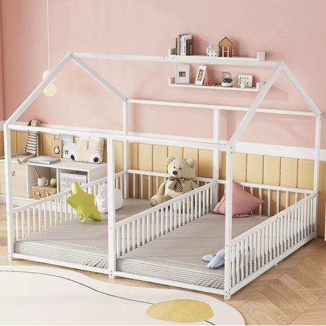 Metallbett, Kinderbett, 90200cm , Ohne Matratze, Geländer, Leiter, Hausmodellierung, Doppelbett Design, Doppelbett, Eisenrahmen, Weiß (1/5)