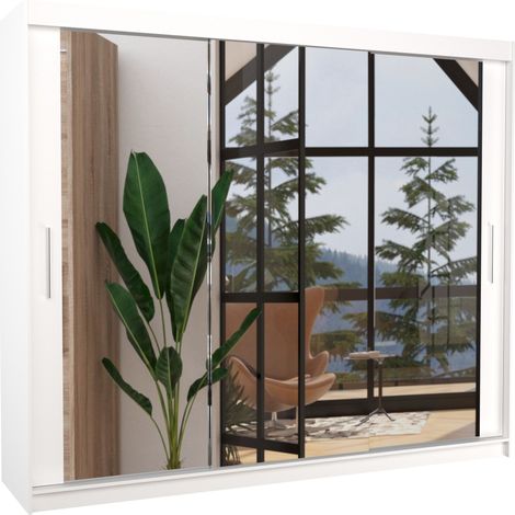 Les Tendances – Armoire de chambre moderne 3 portes coulissantes 250 cm – Façade en bois blanc mat et miroir – Système d'enroulement – Fabrication européenne (1/5)