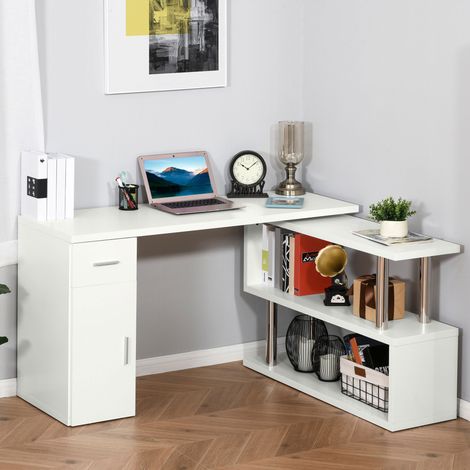 Bureau d'angle moderne en bois avec tiroir. Armoire et étagères. Mobilier de bureau et de maison. Blanc (1/5)