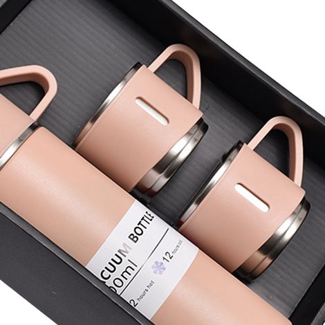 Set aus vakuumisolierten Edelstahlflaschen mit Griff, tragbares Isolierbecher-Set, geeignet für Zuhause, Geschäft und Büro, rosa. (1/5)