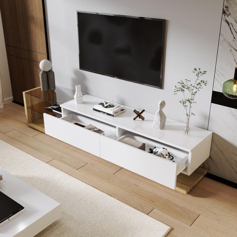 Meuble TV 170 cm blanc brillant et effet bois avec LED via application, 2 tiroirs et 2 étagères en verre (1/5)
