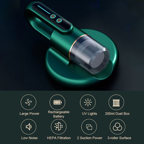 Aspirateur pour matelas, élimination des acariens avec filtration HEPA et instrument d'aspiration 5000 PA, machine de lit domestique sans fil, lampe UV, nettoie efficacement les matelas, oreillers, ca (1/5)