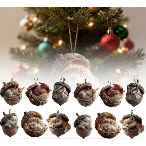 Ornements de Noël en forme de glands et d'animaux de la forêt, Décorations de Noël Forêt Douce, 12 pièces, Acrylique 2D, Adorables animaux de la forêt à suspendre au sapin, Style Rustique Nature-T (1/5)