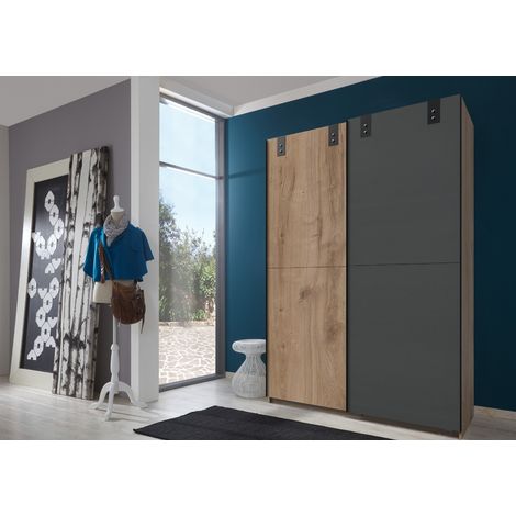 Armoire design 2 portes coulissantes chêne poutre rechampis graphite - L135 x H198 x P64 cm -PEGANE-