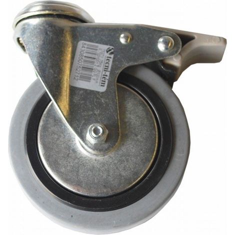 FPLUS rueda goma con agujero 100 mm. con freno 75271 , Rueda  de polipropileno con freno
Diametro rueda 100 mm.
Peso maximo. 75 KG.
Altura total     121 mm.
Para tornillo pasante