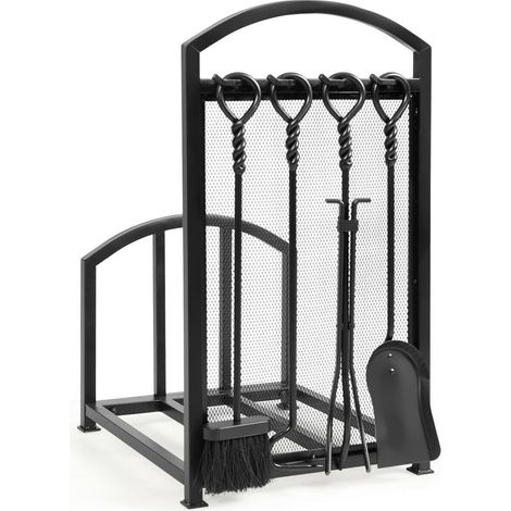 Porte-bûches en acier avec 4 outils, base ajourée et crochets de rangement pour cheminée, poêle à bois et brasero