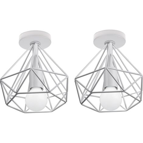 2Pcs Plafonnier Industrielle Cage Forme Diamant Blanc Lustre Suspension en Metal Fer Luminaire pour Cuisine Couloir (1/4)