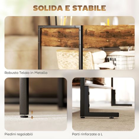 Table basse marron industrielle avec plateau relevable, étagère de rangement inférieure et compartiment secret, meuble pratique. (1/5)
