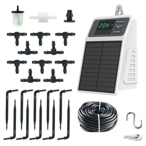Système d'irrigation goutte à goutte avec minuterie solaire pour l'entretien automatique des plantes, étanchéité IPX5, débit de 630 ml/min, convient pour le jardin et les plantes en pot (1/4)