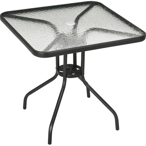 Table de jardin carrée métallique amovible noire 76x76 cm, plateau verre trempé, trou pour parasol antidérapant, résistante aux intempéries pour terrasse et balcon (1/5)
