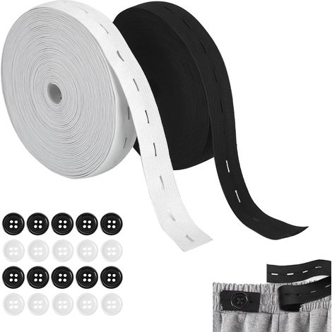 2 Piece Elastic Buttonhole 8 m 15 mm Elastic Elastic Bands with Large Buttonhole with Pre-Installed Eyelets and 20 Resin Buttons (White Black) Perfect for Adjusting Size (1/5)