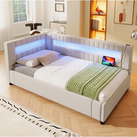 letto daybed letto 90x200 contenitore LED beige OKMYHOME