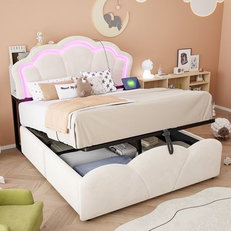 Lit capitonné (140 x 200 cm), rangement hydraulique, éclairage LED, compartiments de rangement dans la tête de lit, motif floral, revêtement en velours et prises électriques intégrées, beige (1/5)