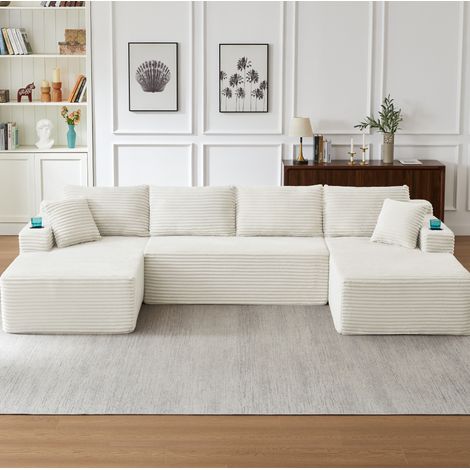 CHICFURN Sofá modular U de 3 piezas con asiento profundo, terciopelo acanalado beige, estilo nube, sin montaje y gran confort para salón moderno (1/5)
