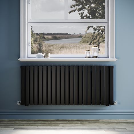 ELEGANT Black Designer Radiator 1428 x 600 mm Flat Single Panel Horizontal Central Heating Radiator