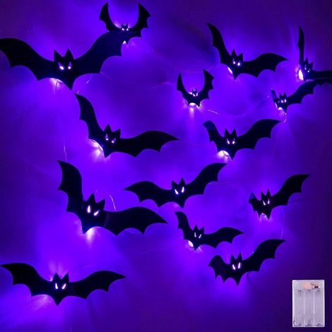 Lot de 20 autocollants chauves-souris scintillants lumineux avec minuterie, guirlande féérique décoration Halloween murs fenêtres intérieurs (1/5)