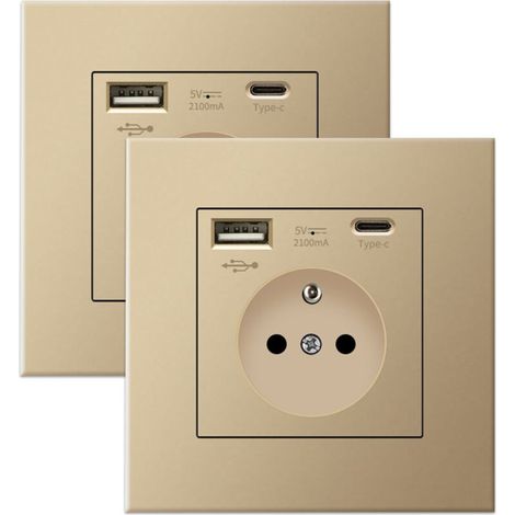Lot de 2 Prises murales, USB, Type-C, 16A, 250V, ABS, PC, Ignifuge, Maison, Bureau (1/4)