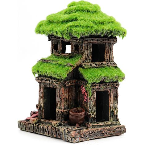 Maison de Décoration Aquarium en Résine avec Mousse de Mousseline Double Étage 10x8.5x16.5cm