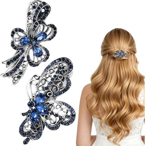 Set di 2 fermagli per capelli blu da donna, con strass e cristalli di alta qualità, accessori per capelli fini o spessi, tenuta sicura per diverse acconciature. (1/5)