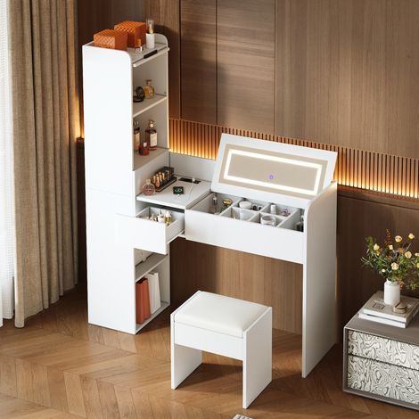Coiffeuse 131x40x160 cm en bois blanc avec miroir LED et USB, rangement gain de place – MEUBLIV (1/5)