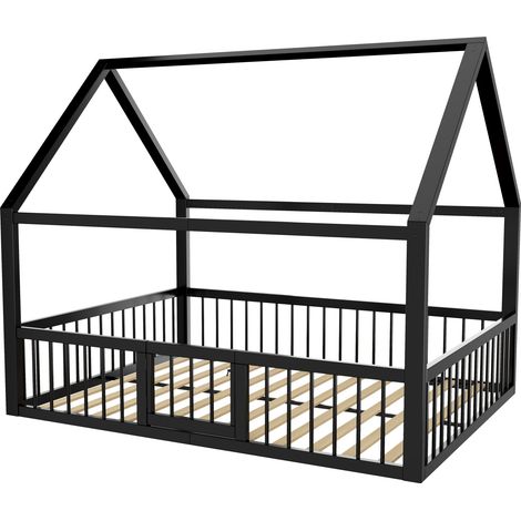 Cama casita de metal 140 x 200 cm con barandillas y cancela negra MODENUIT (1/5)