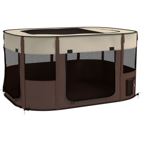 Portable Foldable Dog Pen with Storage Bag for Indoor and Outdoor Use, Includes Ground Stakes, Brown, 114x89x59cm (1/5)