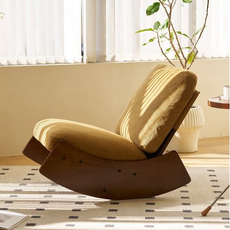 Sillón balancín deslizante de tejido acanalado naranja, estructura de madera, REDOM (1/5)