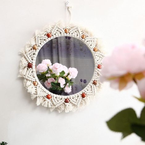 Wall Mirror Hanging Wall Mirror Boho Round Fringe Makeup Hanging Mirror Macrame Tapestry for Apartment Living Room Bedroom Wall Decor 13.76In (1/5)
