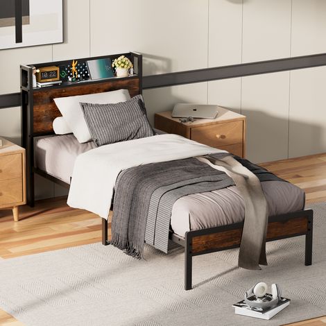 Estructura de cama de 90 x 200 cm con cabecero, espacio de almacenamiento y LED, estructura metálica con estación de carga, 14 láminas metálicas, marrón vintage