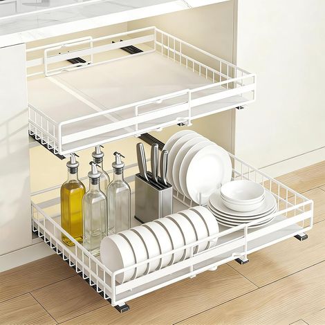 Rangement Sous évier,Organiseur de Cuisine,Étagère, Porte-épices,Panier Coulissant en métal,pour Cuisine, Salle Bain,Chambre ((31-49 cm et 32-51 cm) Blanc) (31-49 Cm Cm) Blanc -'(31-49 Cm et 32-51 Cm)