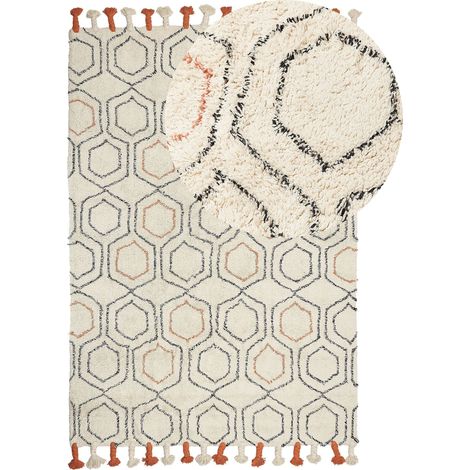 Tappeto in cotone beige e arancione 160 x 230 cm con frange e motivo geometrico Hajipur (1/5)