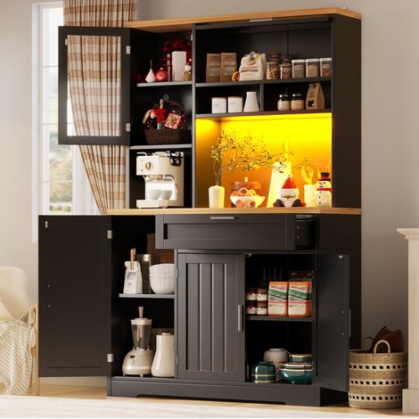 Hoher Küchen-Auxiliar-Schrank mit Vitrine und LED, 104 x 40 x 180 cm, schwarz HAVRYA (1/5)