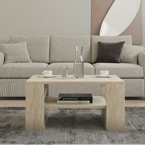 Pier Import – Table basse fixe double plateau effet travertin – Porte-revues intégré – Dimensions 80x50x40 cm – Bois MDF mélaminé (1/5)