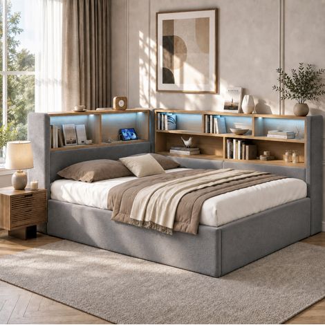 Letto contenitore 140x190 cm idraulico con LED, USB e schienale, velluto grigio DESVIAE (1/5)